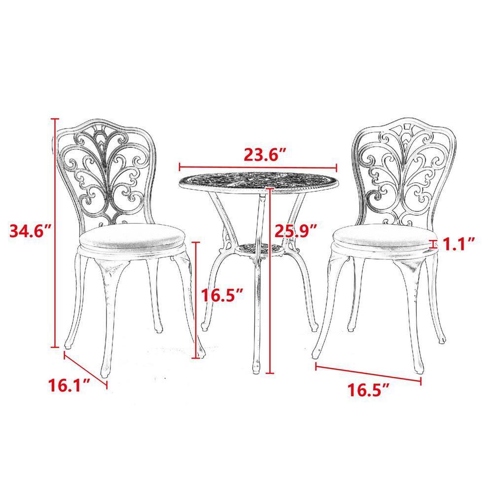 Black Cast Aluminum 3-Piece Outdoor Bistro Set with Round Table