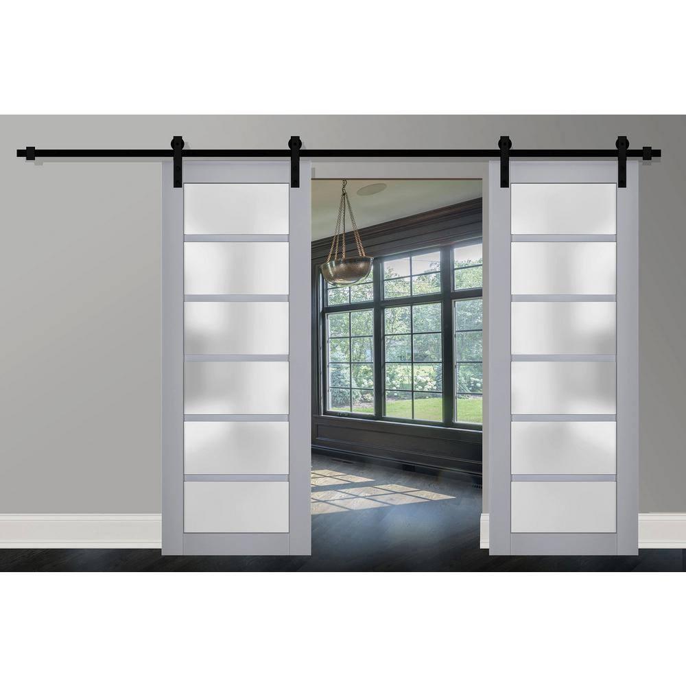 Sturdy Double Barn Door with Frosted Glass | Veregio 7602 Matte Grey | 13FT Rail Hangers Heavy Set | Solid Panel Interior Doors-64" x 84" (2* 32x84)-Black Rail