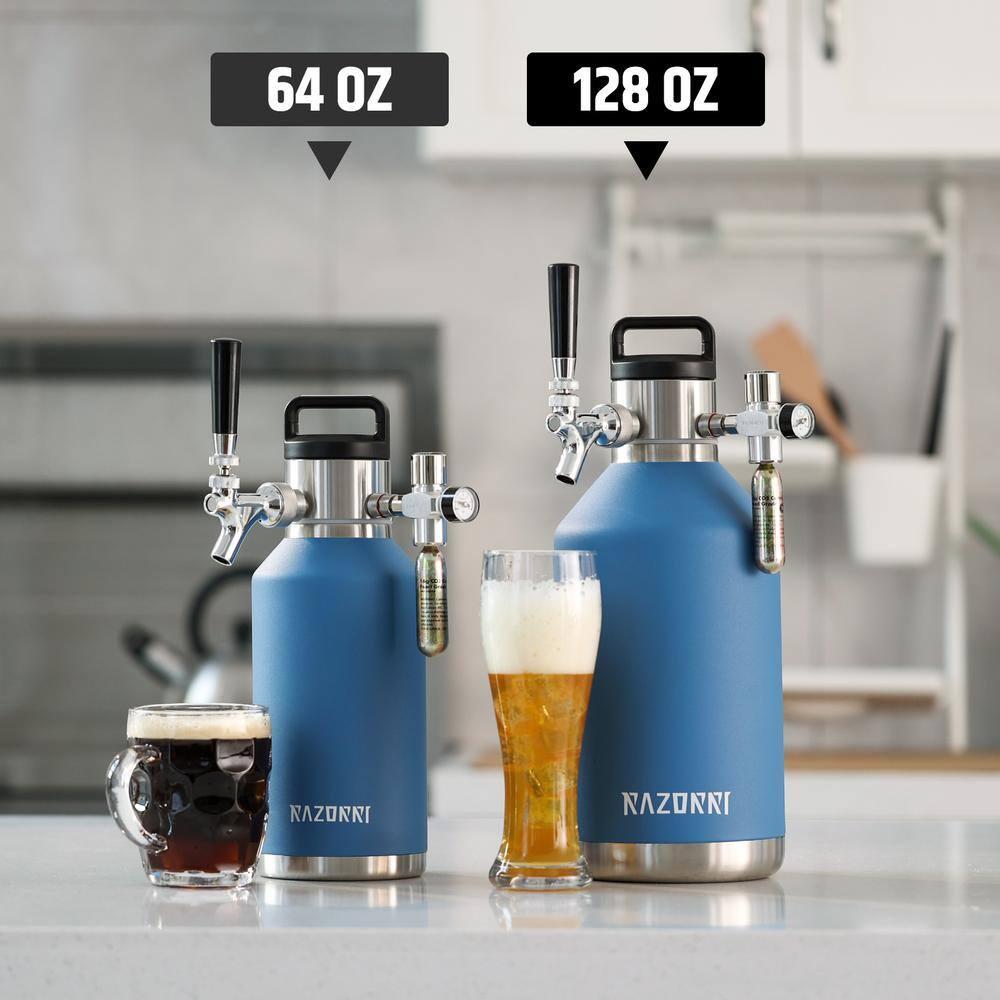 Razorri Engorde de Cerveza de Acero Inoxidable de 64 Oz, Barril Carbonatado con Aislamiento Al Vacío de Doble Pared con Grifo de Barra Profesional y Regulador de CO2 a Presión, 0,5 Galones, Azul Océano