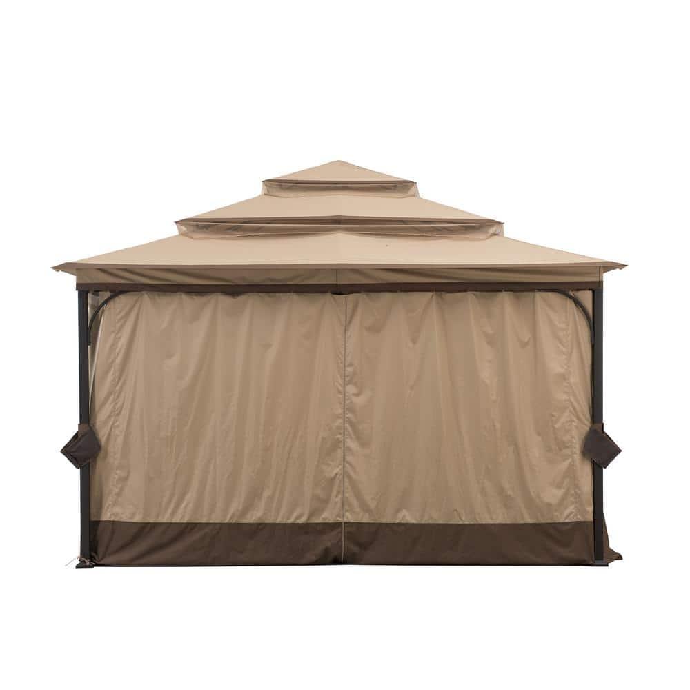 Sunjoy Outdoor Patio Brown Steel Frame 13 ft. x 13 ft. 3-Tier Soft Top Gazebo with Canopy, Mosquito Netting, and Curtains for Backyard Activities