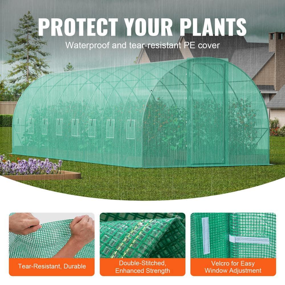 VEVOR Walk-in Tunnel Greenhouse, 27.4x9.5x7.4 ft Hoop House Greenhouse Tunnel, Plant Hot House with Galvanized Steel Frame, Green PE Cover, Swing Door and 16 Roll-up Windows for Outdoor