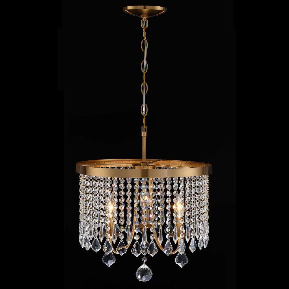 3-Light 16.25 in Antique Brass Finish Crystal Chandelier