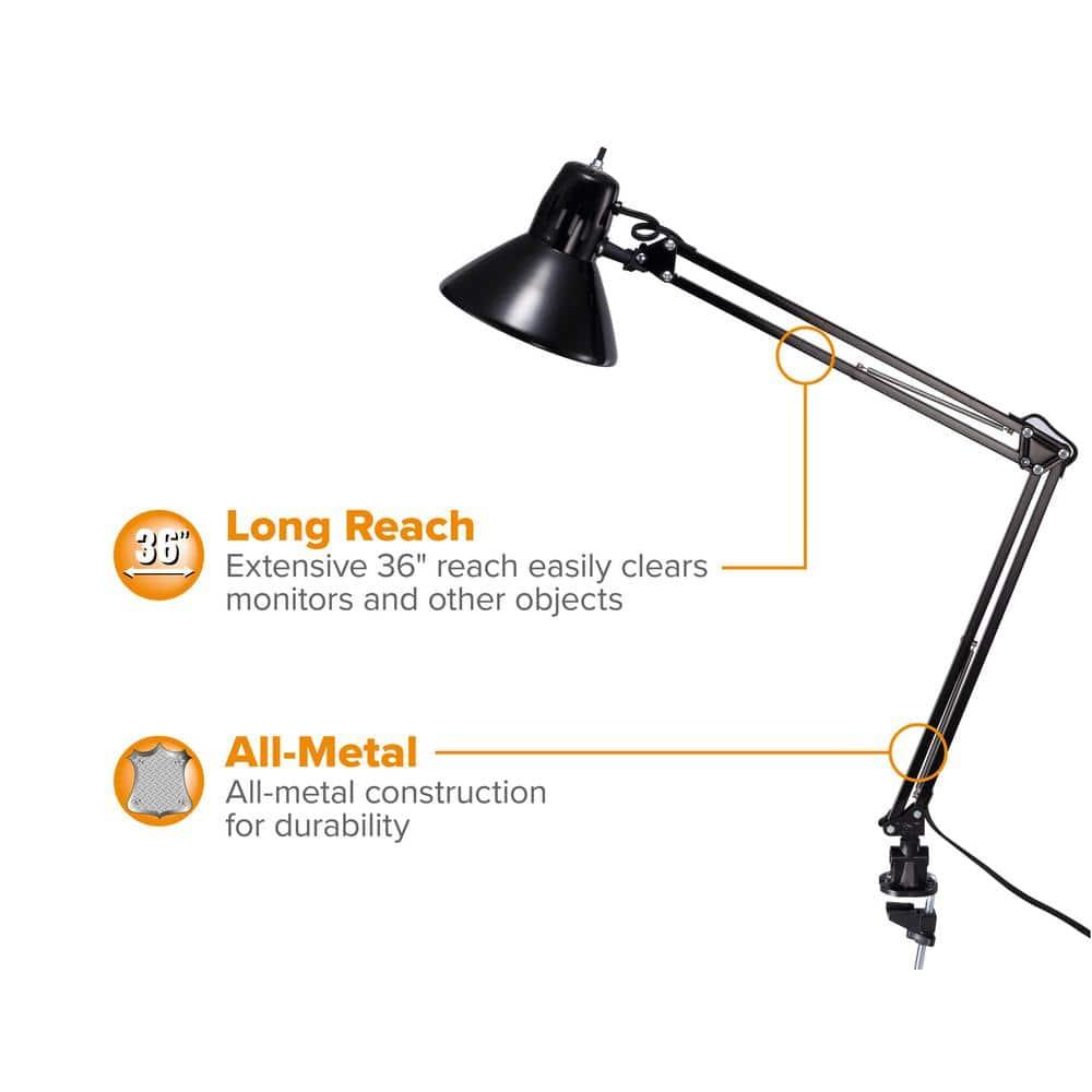 LED Swing Arm Desk Lamp with Clamp Mount, 36" Reach, Includes LED Bulb, Black (VLF100)