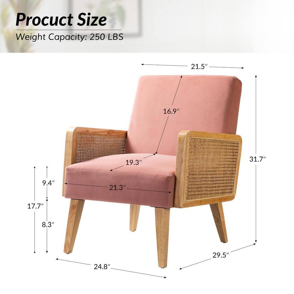 Farmhouse Accent Chair Rattan Armrests Fabric Upholstered Wooden Reading Armchair Living Bedroom Blush