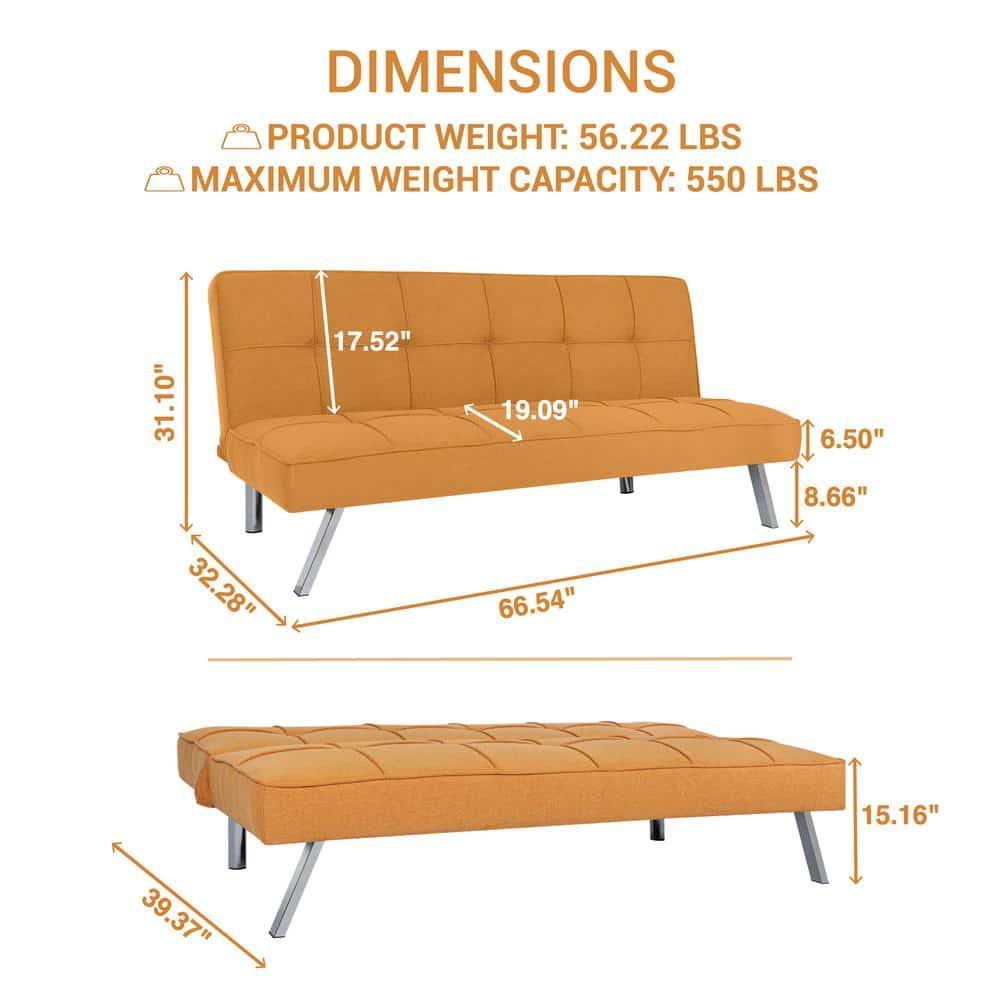 Modern Futon Sofa Bed - Compact Design for Small Spaces - Convertible Futon with Linen Fabric for Premium Comfort - Ideal Guest Couch - Stylish & Durable, Supports up to 750 lbs. - Tangerine