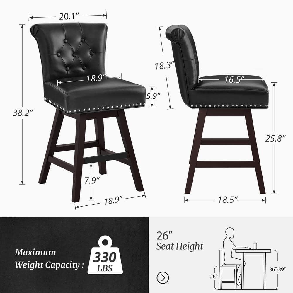 Dycanpo 26'' Swivel Bar Stools Set of 2, Upholstered Barstool with Footrest for Kitchen,Black-Faux Leather