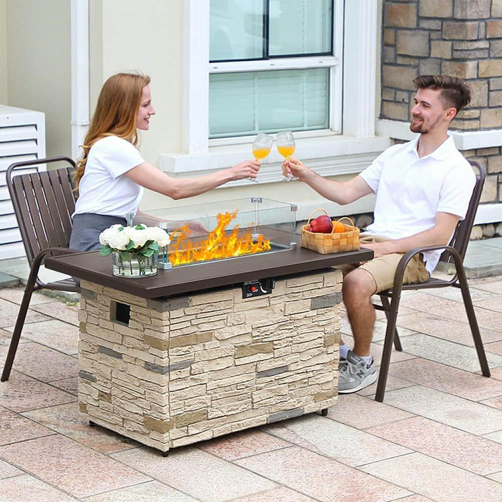 43" Propane Fire Pit Table Outdoor Stone Firepit Table Rectangular 50000 BTU Propane Fire Tables for Outside Patio with Wind Guard, Table Lid, Fire Beads, Cover,Pizzello Caldo (Buff)