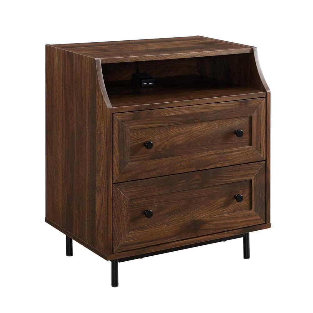 Walker Edison Modern 2 Drawer Nightstand with USB Port, Dark Walnut