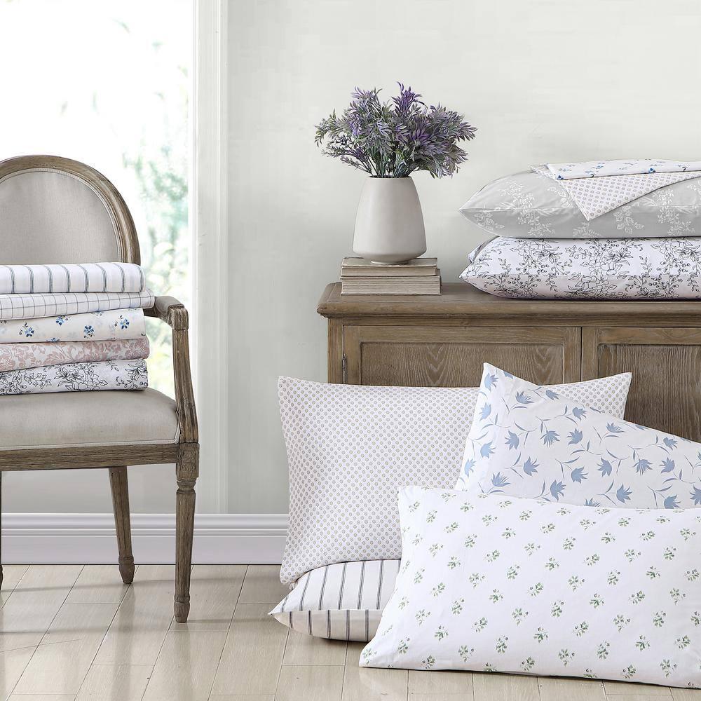 Twin Printed Pattern Percale Cotton Sheet Set Green Stripe - Stone Cottage