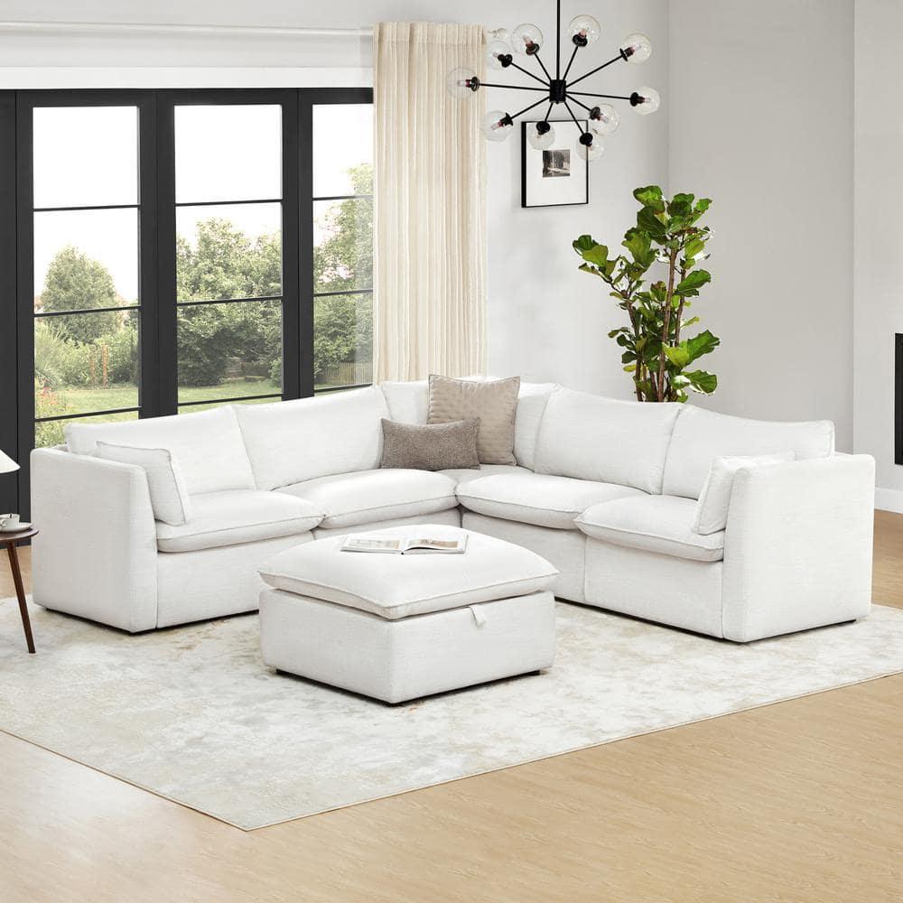Nereidix 107 in. 5-Piece Fabric Modern Corner Modular Sofa Sectional Sofa in Cream with Arms for Living Room