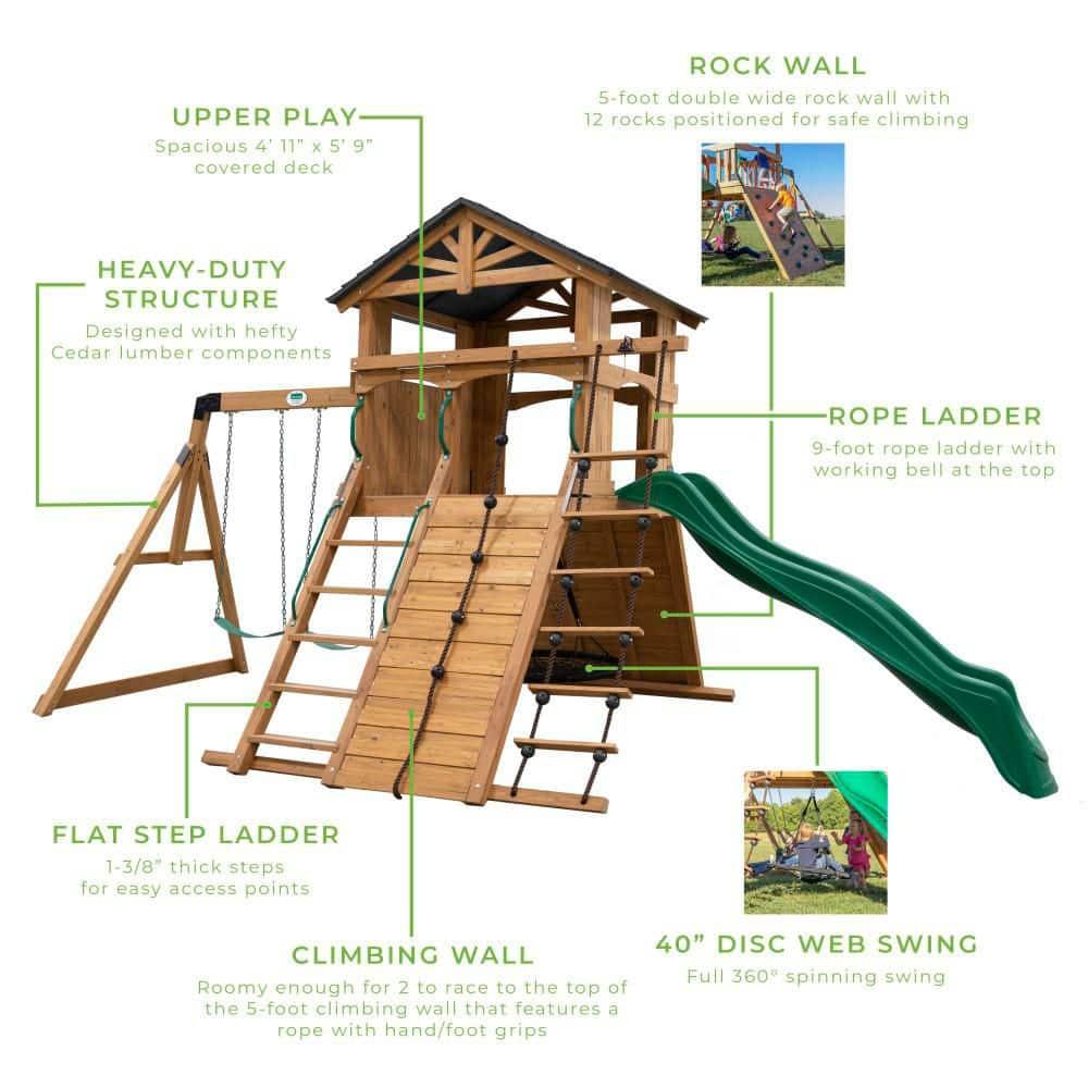 Backyard Discovery Endeavor Cedar Wood Swing Set, Slide, Play Deck, Rock Wall, Rope Ladder