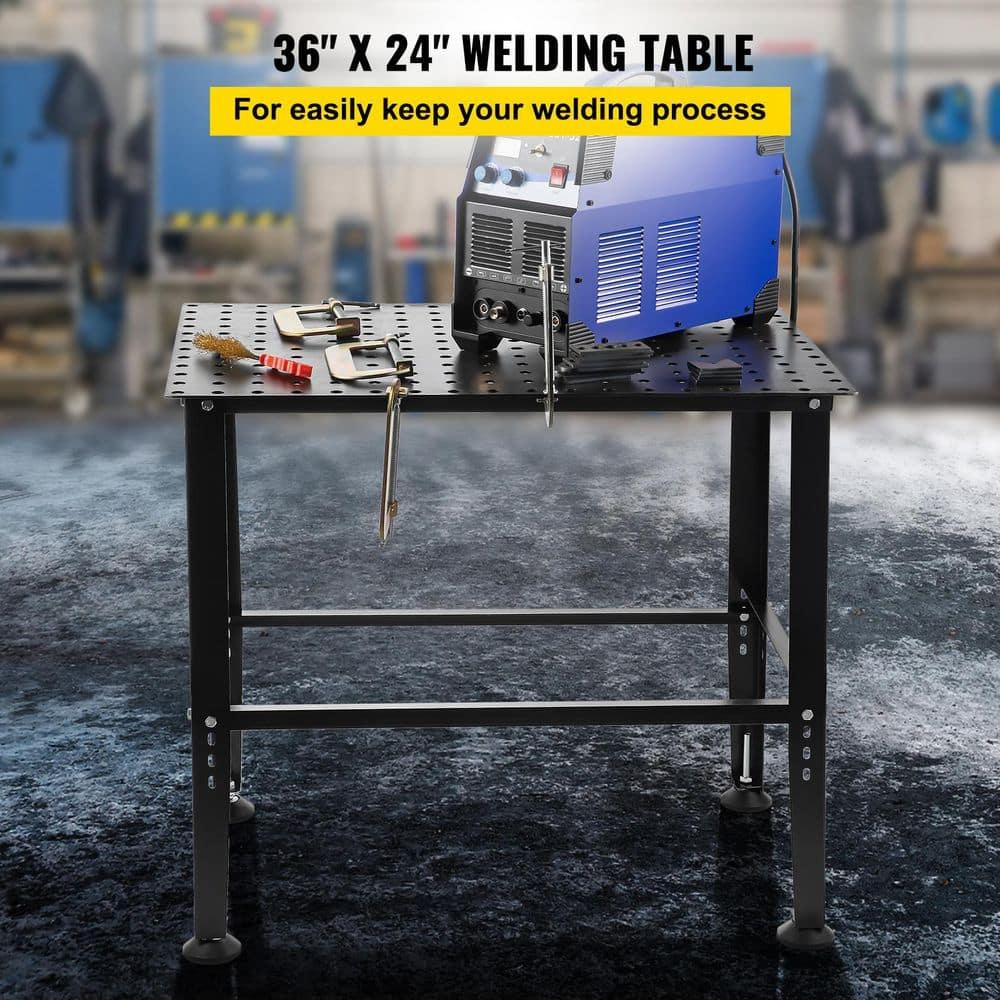 VEVOR Welding Table, 36" x 24" Adjustable Workbench, 0.12" Thick Industrial, 600lb Load Capacity, Heavy Duty Carbon Steel, Gray Steel With Accessories