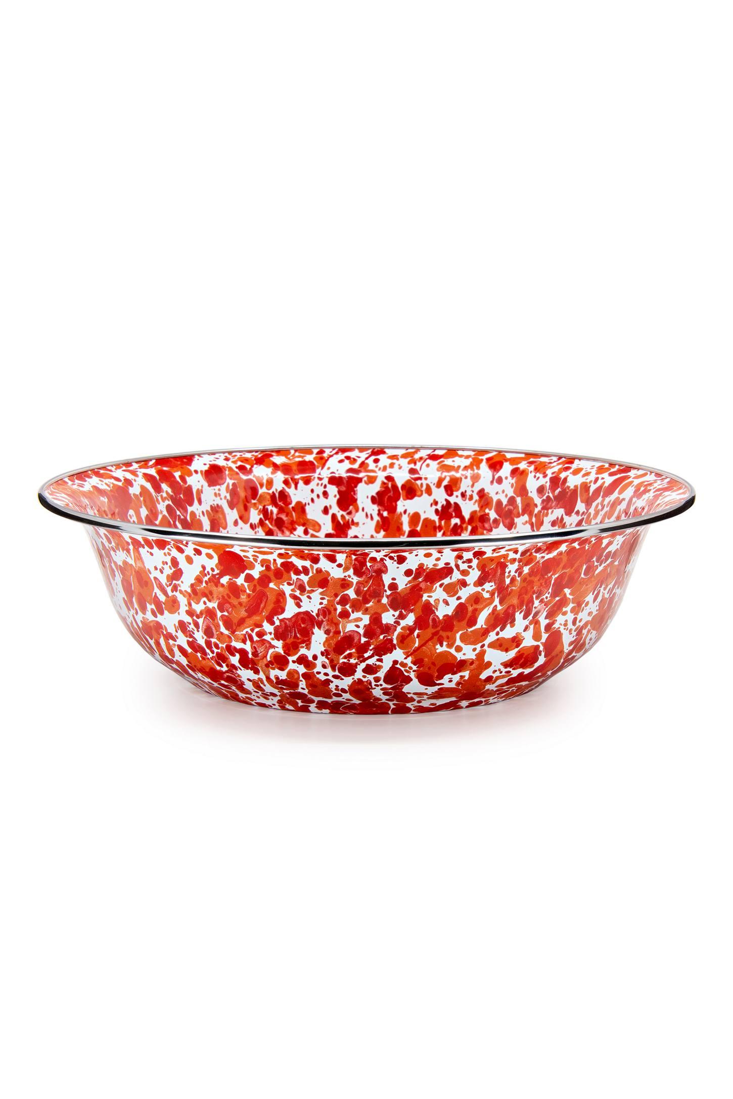 Red Swirl Ceramic Round Serving Bowl with Stainless Steel Rim