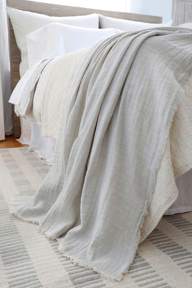 White Cotton Linen Frayed Edge Machine Washable Throw Blanket