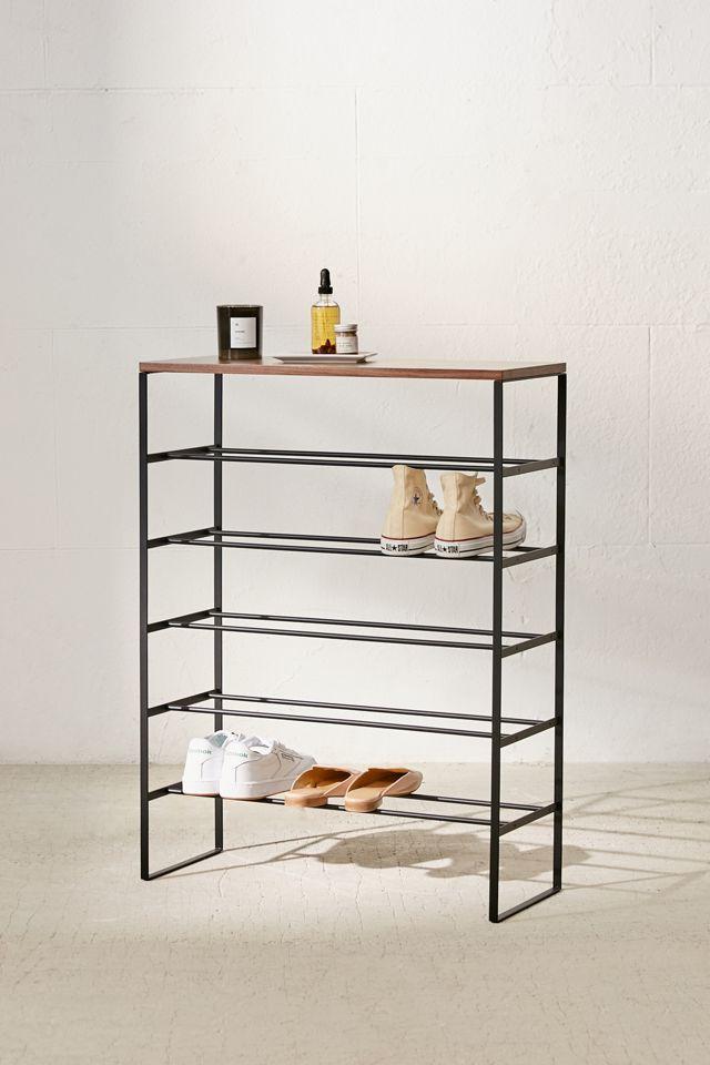 Sleek 6-Tier Black Metal Shoe Rack with Wood Top