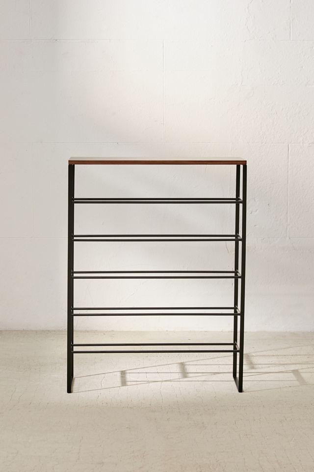 Sleek 6-Tier Black Metal Shoe Rack with Wood Top