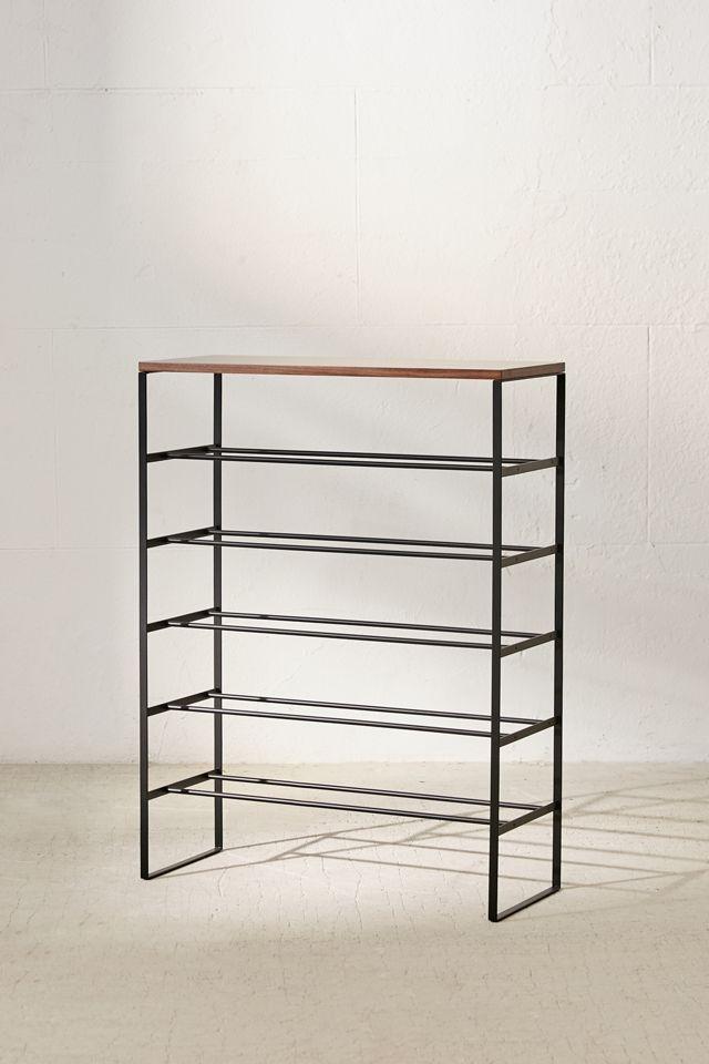 Sleek 6-Tier Black Metal Shoe Rack with Wood Top