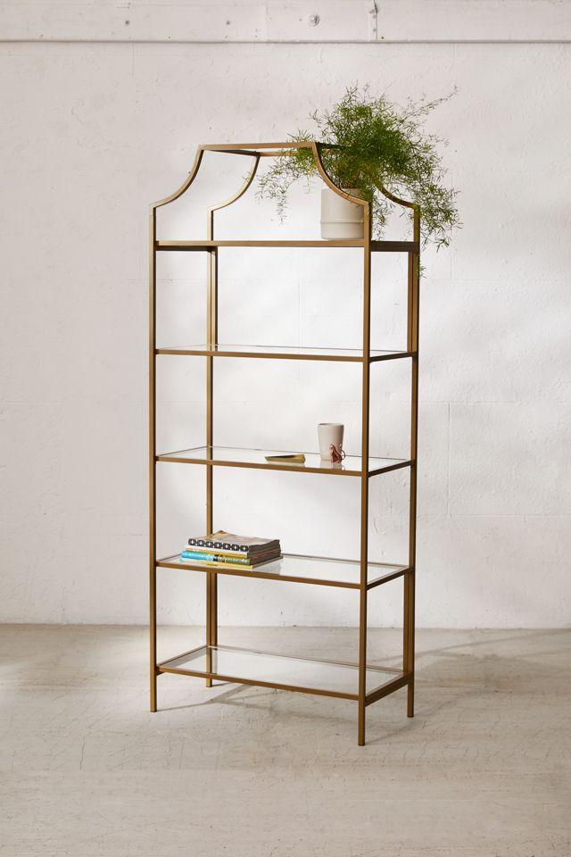 Satin Gold Regency-Inspired Metal and Glass 5-Tier Bookcase