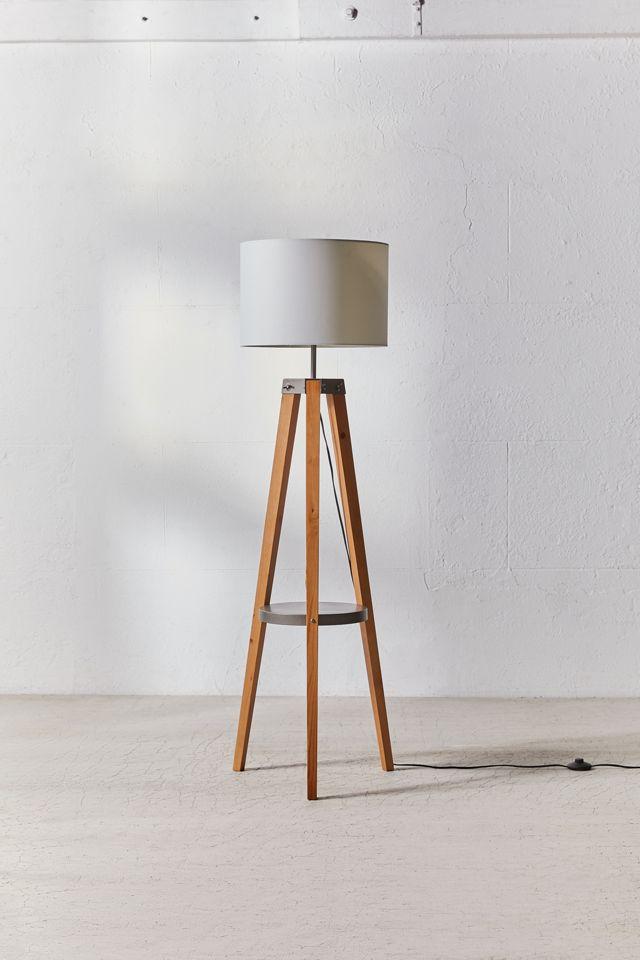 Contemporary Natural Wood & White Linen Floor Lamp with Shelf