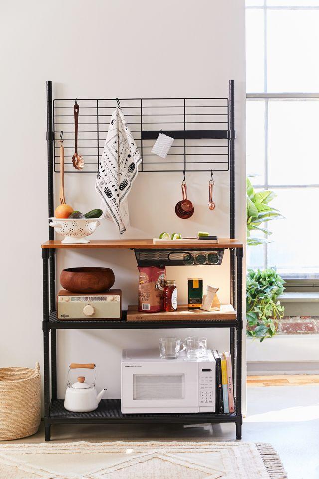 Modern Black Steel Kitchen Baker's Rack with Wood Cutting Board