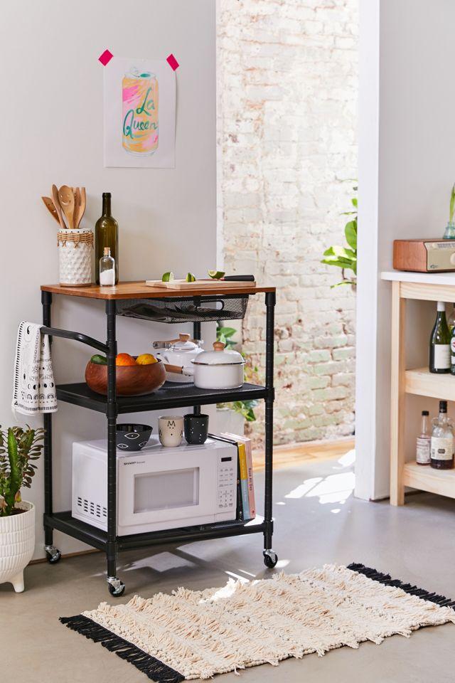 Matte Black Steel Mesh Kitchen Cart with Solid Wood Cutting Board