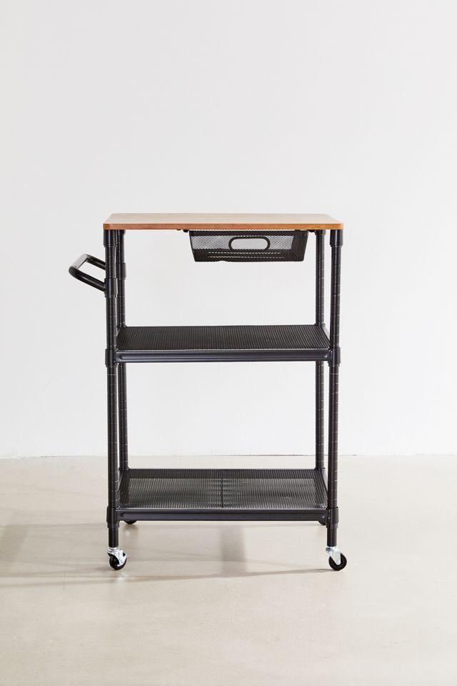 Matte Black Steel Mesh Kitchen Cart with Solid Wood Cutting Board