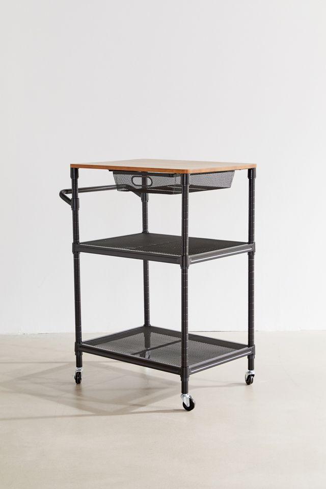 Matte Black Steel Mesh Kitchen Cart with Solid Wood Cutting Board