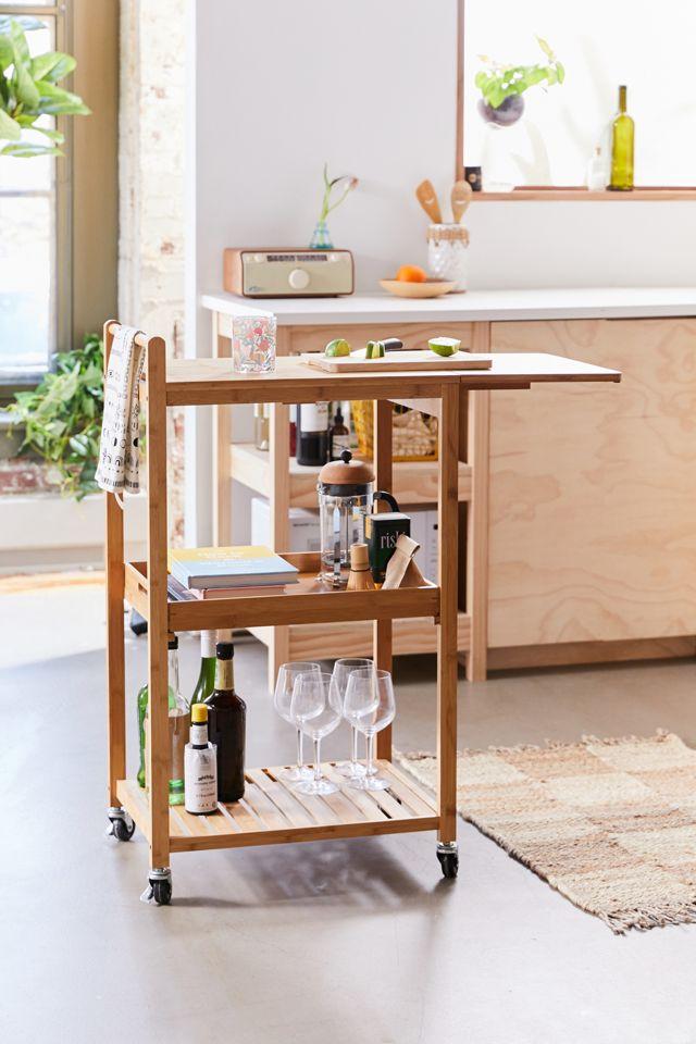 Compact Bamboo Drop-Leaf Kitchen Cart with Locking Casters and Storage