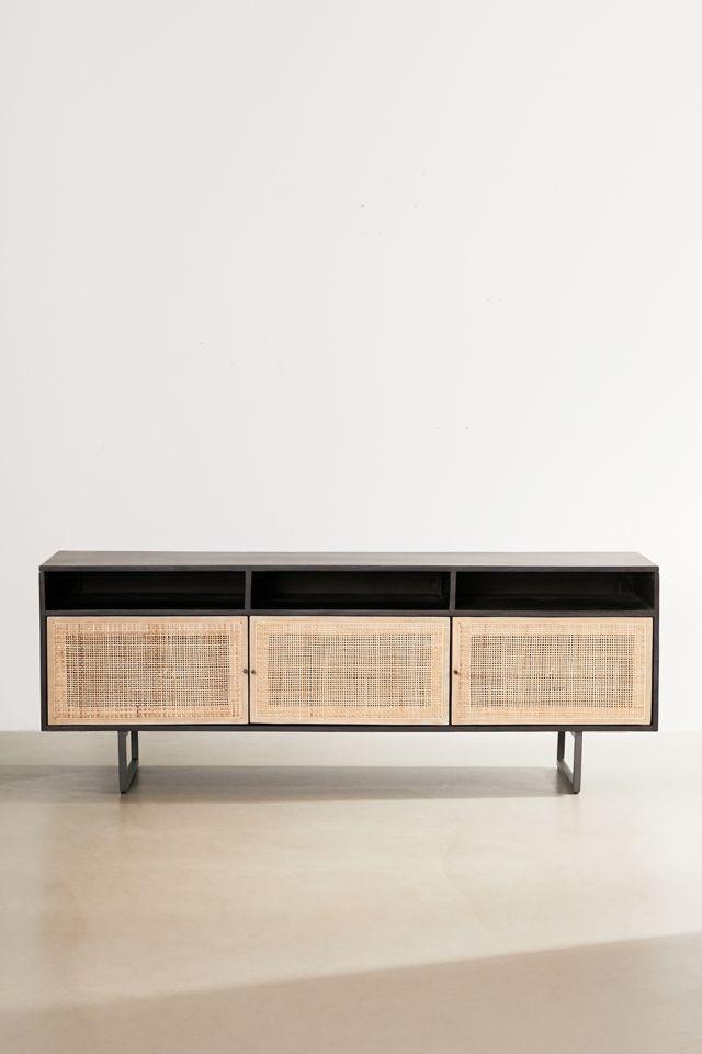 Carmel 65'' Black Wash Contemporary Mango Wood Media Console with Cabinet