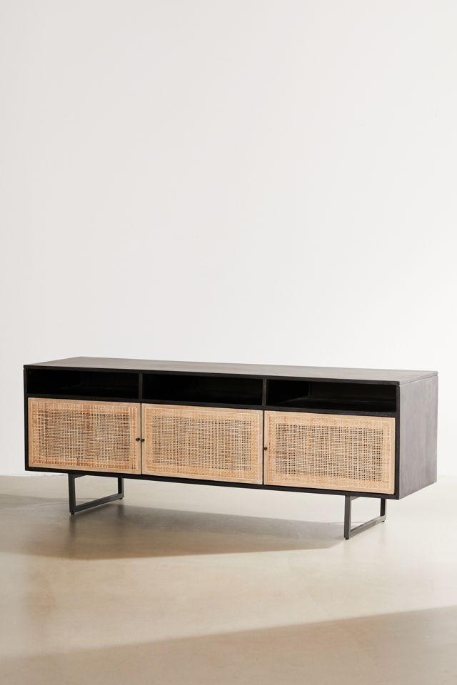 Carmel 65'' Black Wash Contemporary Mango Wood Media Console with Cabinet