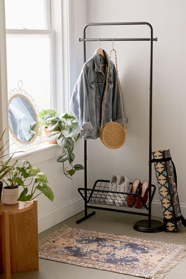 Black Steel Swivel Clothing Rack with Basket Shelf