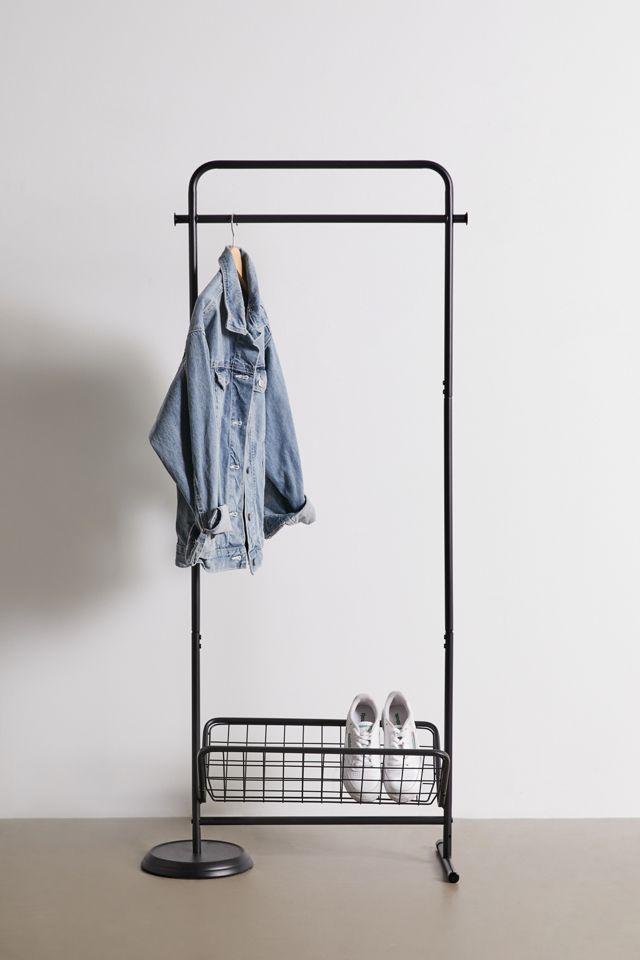 Black Steel Swivel Clothing Rack with Basket Shelf