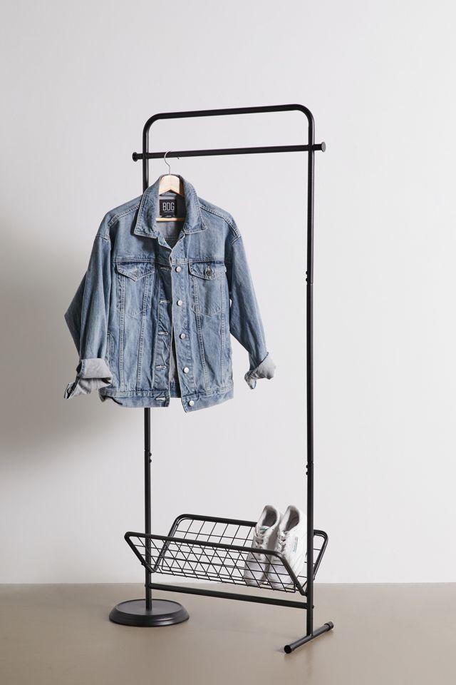 Black Steel Swivel Clothing Rack with Basket Shelf