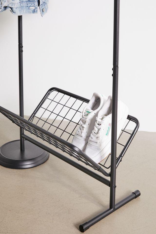 Black Steel Swivel Clothing Rack with Basket Shelf