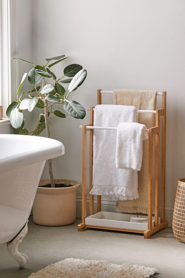 Compact 3-Tier White & Bamboo Bathroom Towel Rack