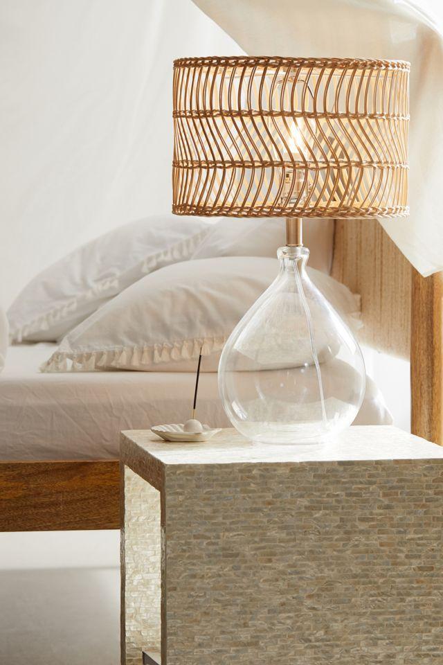 Teardrop Clear Glass and Brushed Steel Table Lamp with Rattan Shade