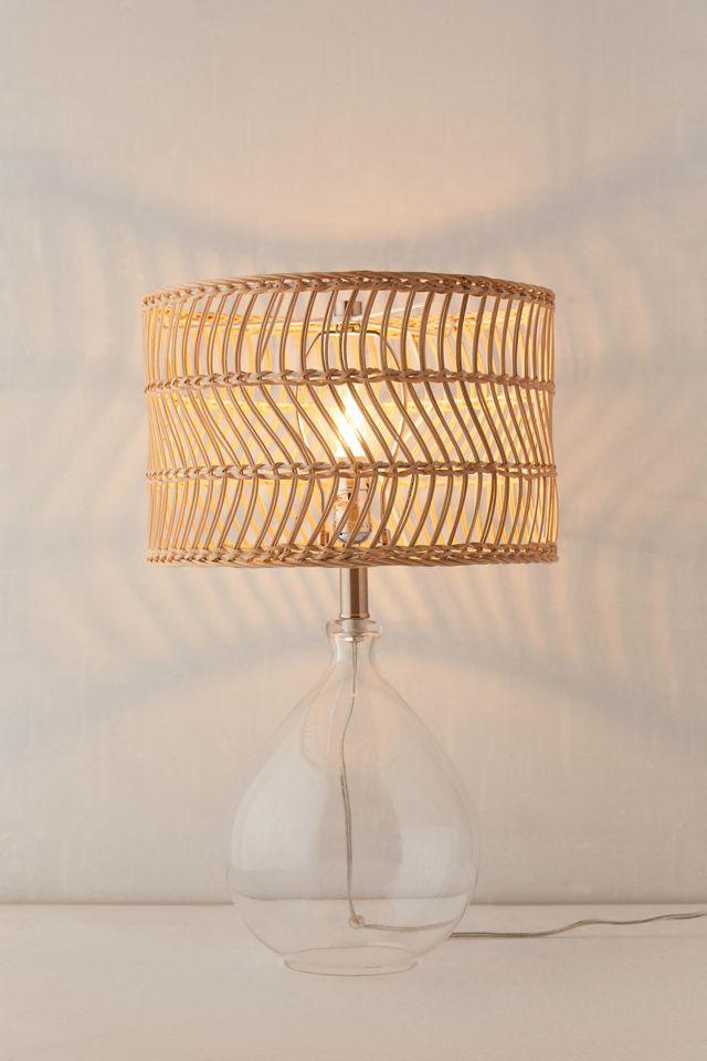 Teardrop Clear Glass and Brushed Steel Table Lamp with Rattan Shade