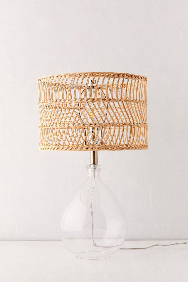 Teardrop Clear Glass and Brushed Steel Table Lamp with Rattan Shade