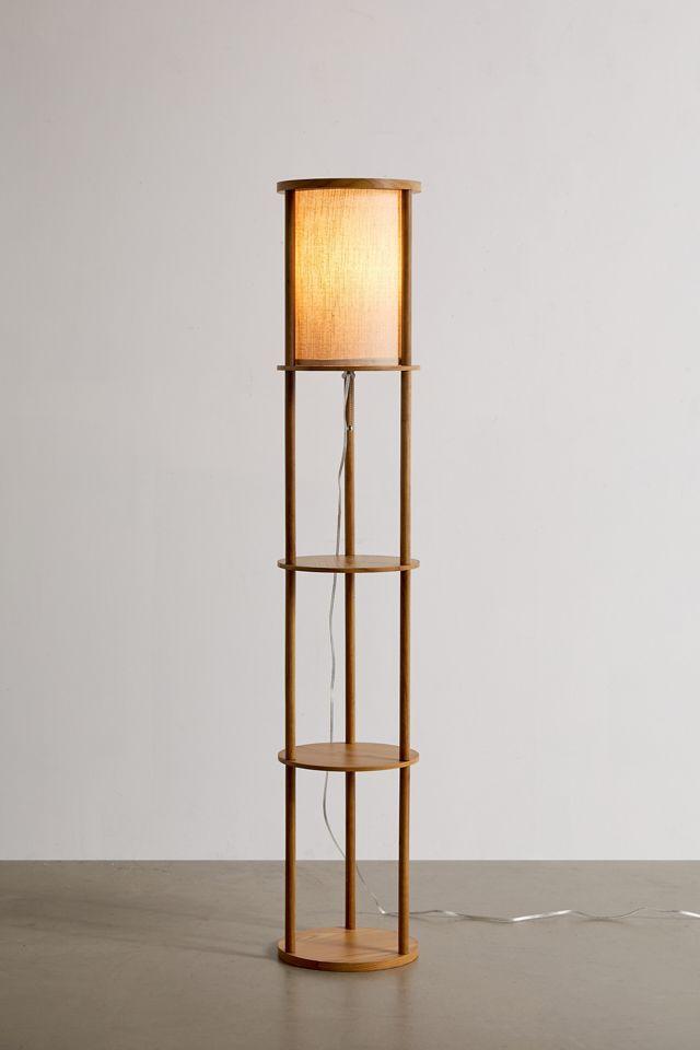 Scandinavian Modern Off-White & Natural Wood Shelf Floor Lamp