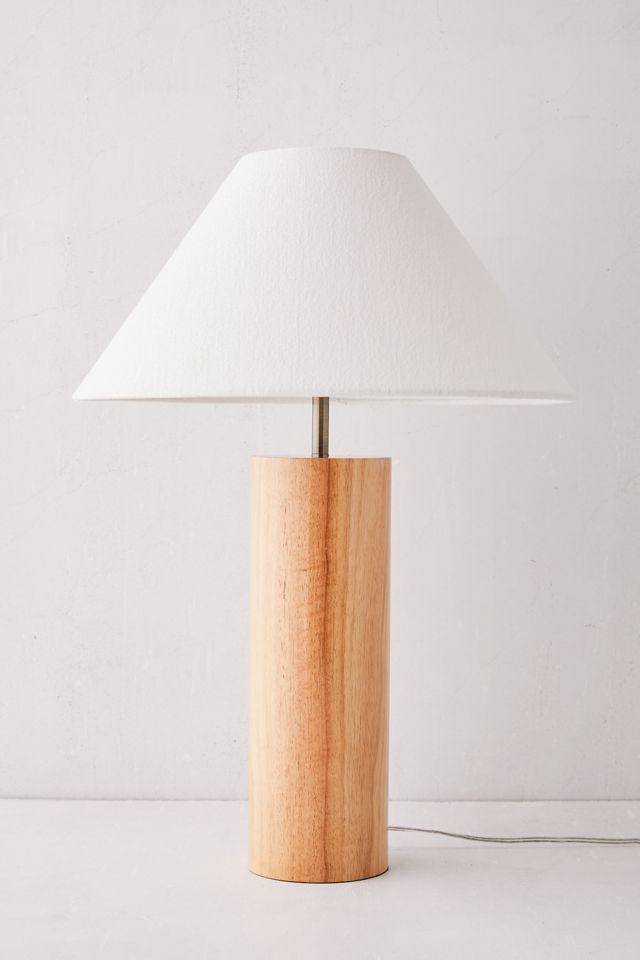 Antique Brass and Natural Oak Modern Table Lamp with White Shade