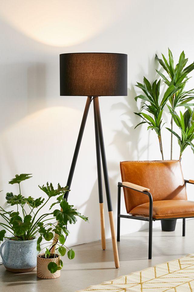 Black Metal and Wood Tripod Floor Lamp with Woven Shade