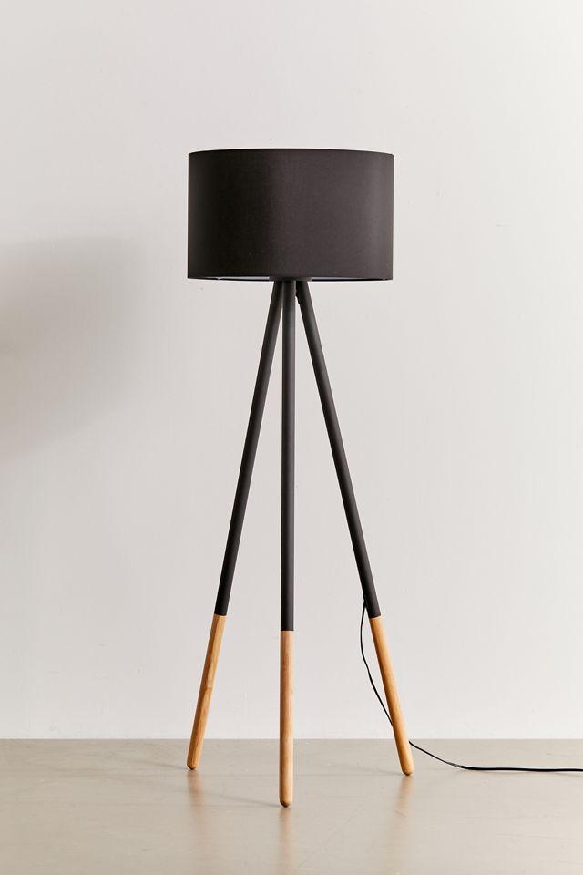 Black Metal and Wood Tripod Floor Lamp with Woven Shade