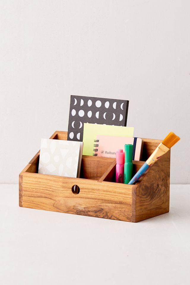 Golden Teak Wood Desk Organizer with Natural Grain