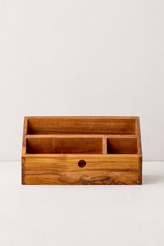 Golden Teak Wood Desk Organizer with Natural Grain