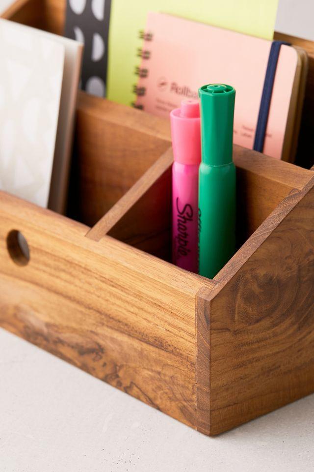 Golden Teak Wood Desk Organizer with Natural Grain