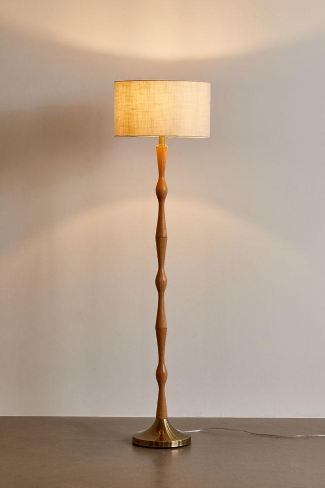 Antique Brass & Natural Oak Off-White Shade Modern Bohemian Floor Lamp