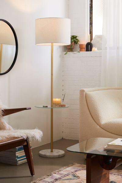 LumiSource Chloe Contemporary Shelf Floor Lamp with Marble Base Shelf and Linen Shade White (Includes LED Light Bulb) : Gold Neck, Round Glass Table