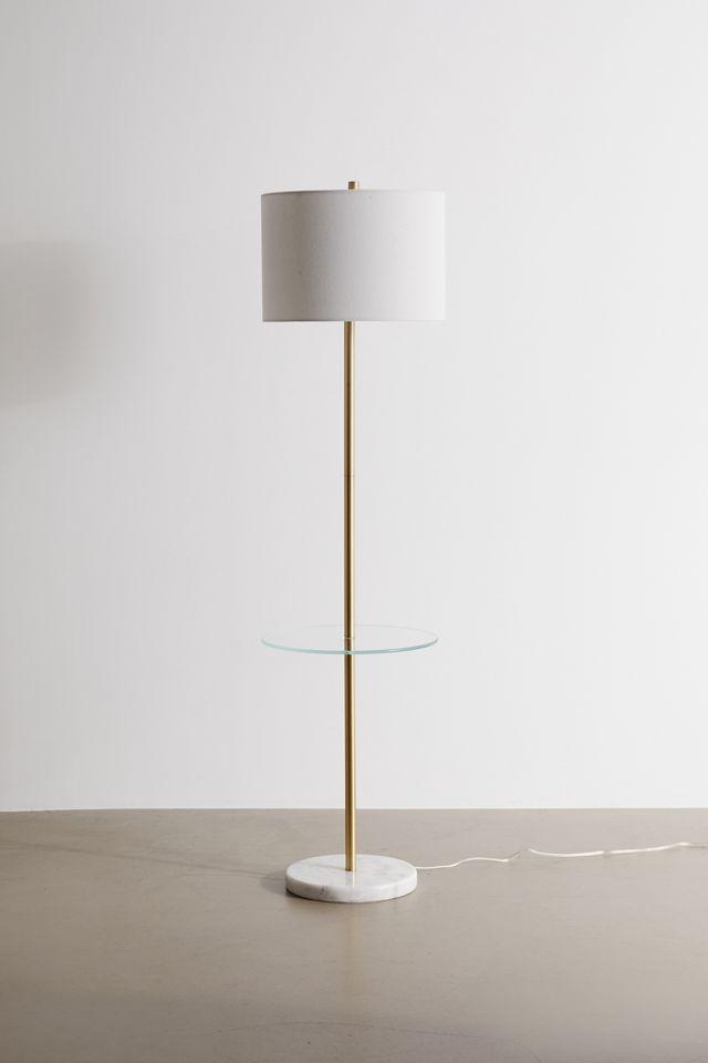 LumiSource Chloe Contemporary Shelf Floor Lamp with Marble Base Shelf and Linen Shade White (Includes LED Light Bulb) : Gold Neck, Round Glass Table