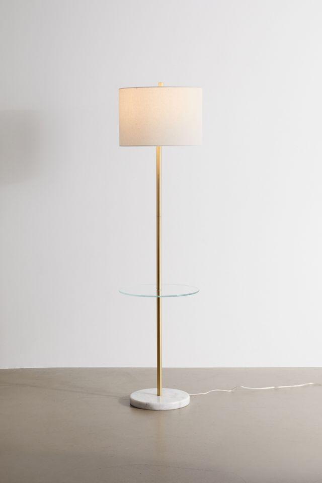 LumiSource Chloe Contemporary Shelf Floor Lamp with Marble Base Shelf and Linen Shade White (Includes LED Light Bulb) : Gold Neck, Round Glass Table