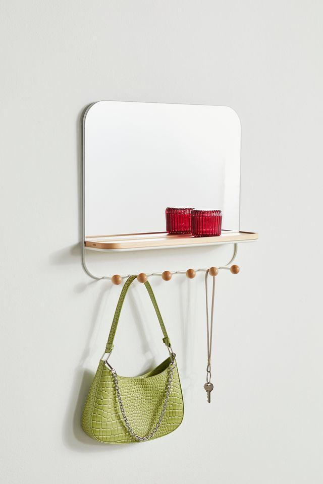 White Wood Rectangular Mirror with Hooks and Tray